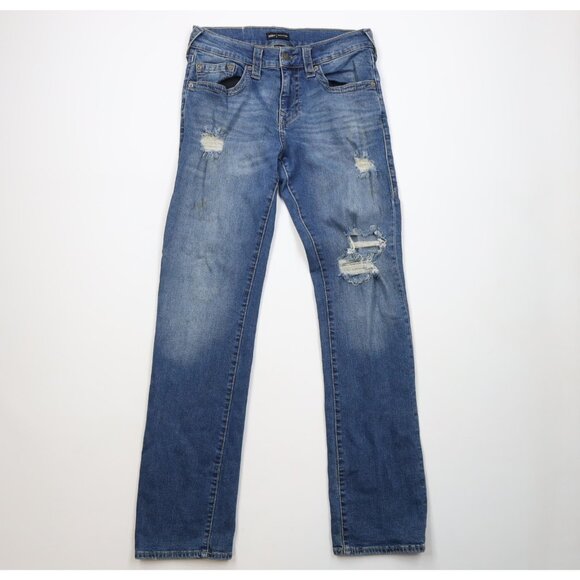 True Religion Mens 31x36 Distressed Stretch Ricky Relaxed Fit Denim Jeans Blue